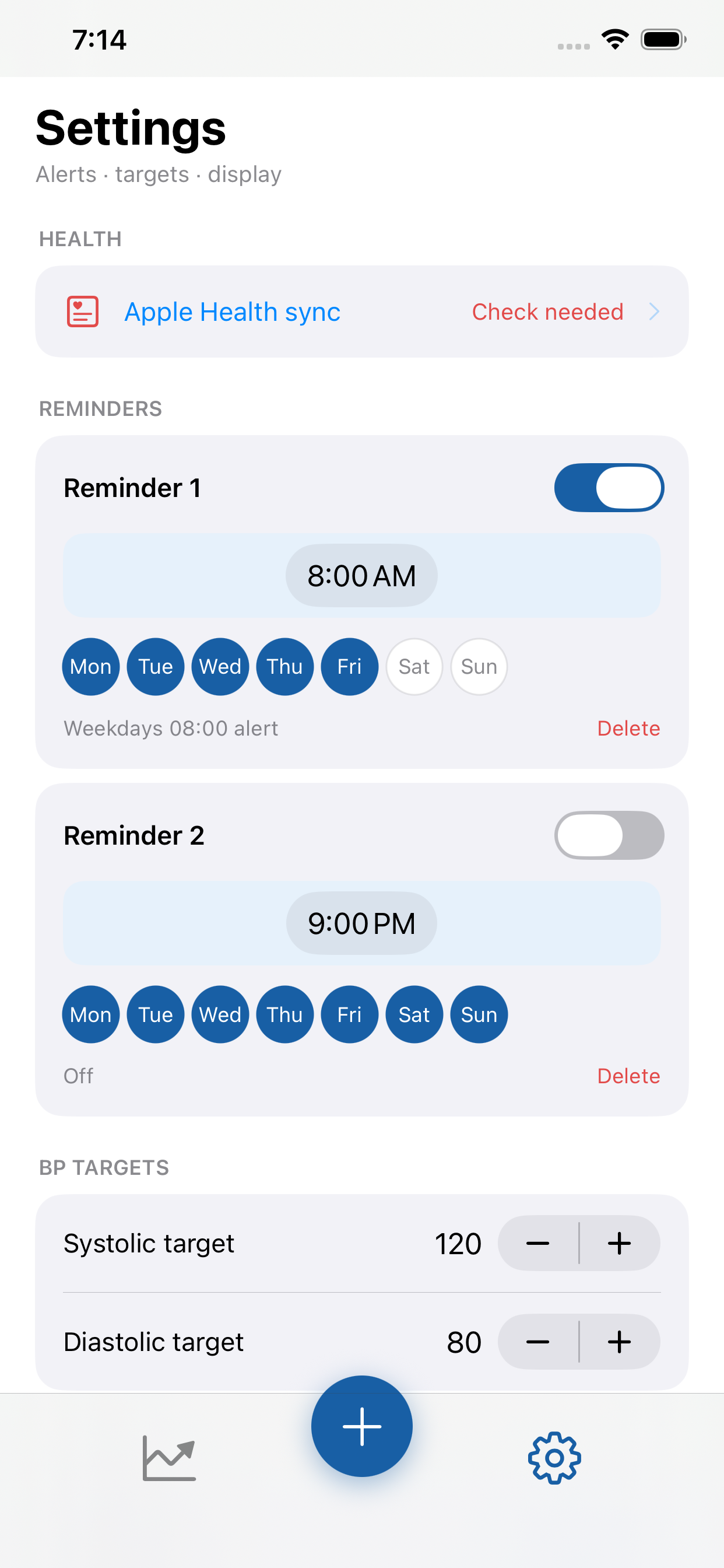 Reminders and targets settings